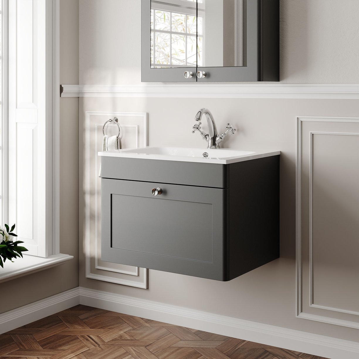 600mm Wall Hung 1-Drawer Unit & Stone Basin 1TH