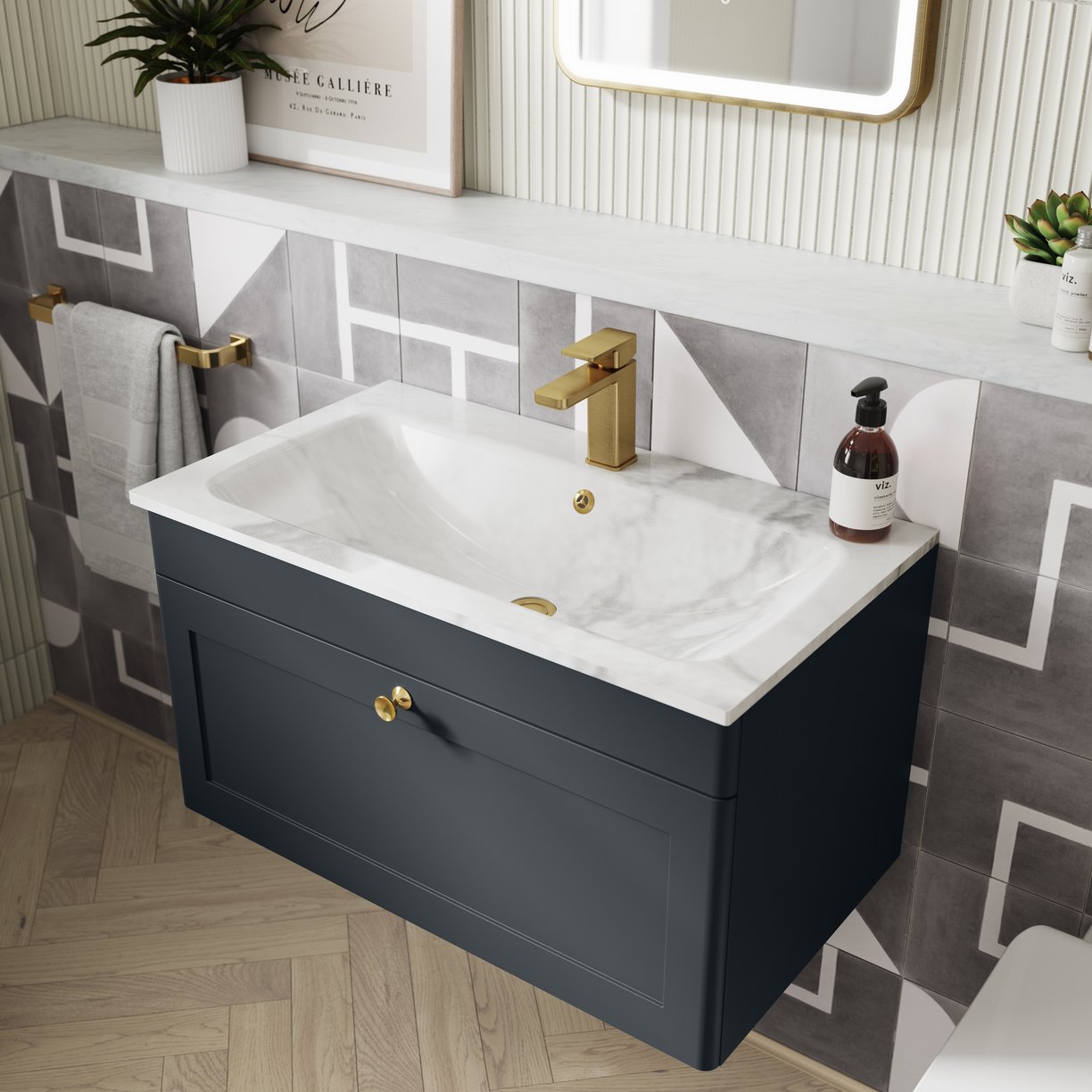 600mm Wall Hung 1-Drawer Unit & Stone Basin 1TH
