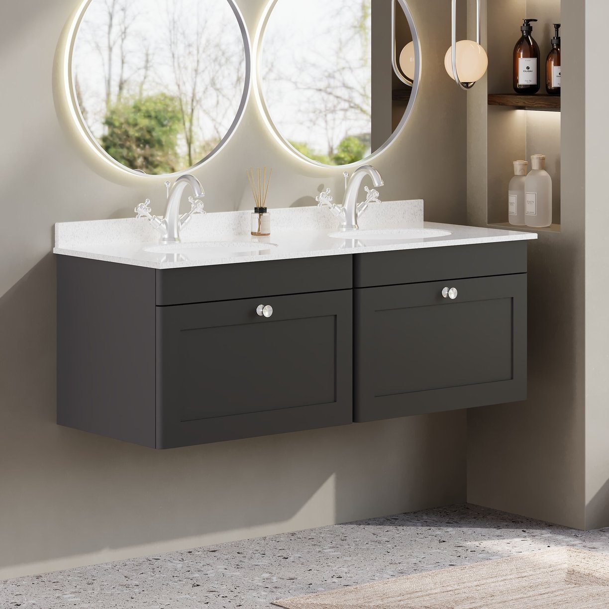 1200mm W/H 2-Drawer Unit & Marble Top - Satin Soft Black