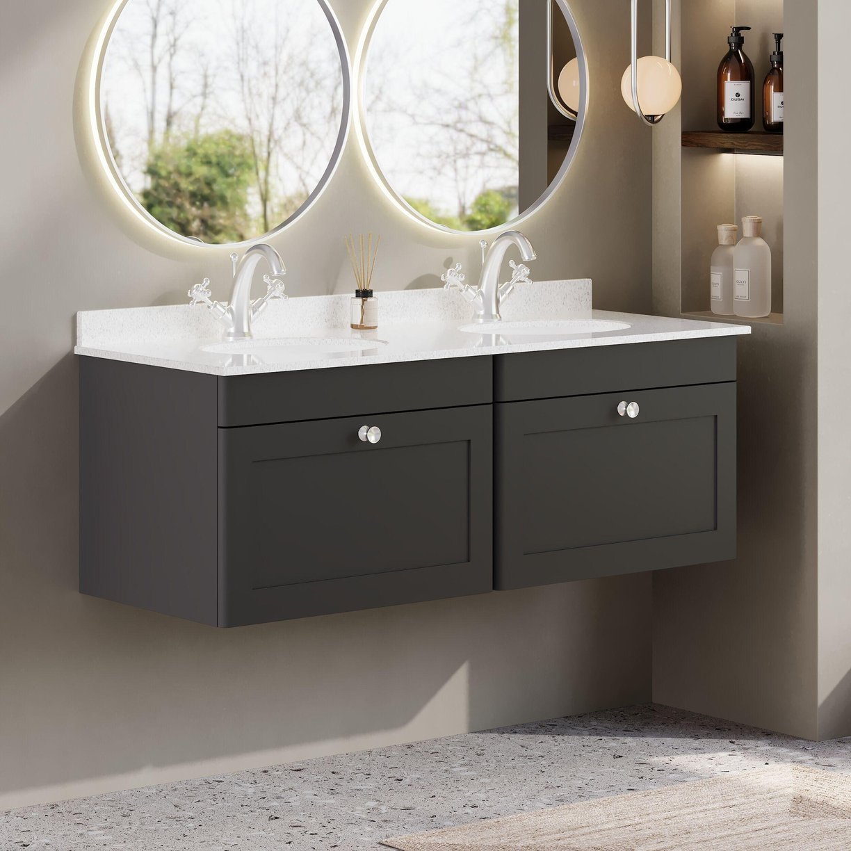 1200mm W/H 2-Drawer Unit & Marble Top - Satin Soft Black