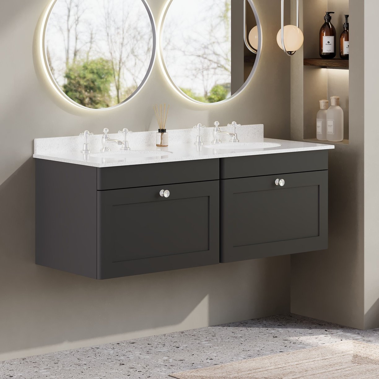 1200mm W/H 2-Drawer Unit & Marble Top - Satin Soft Black