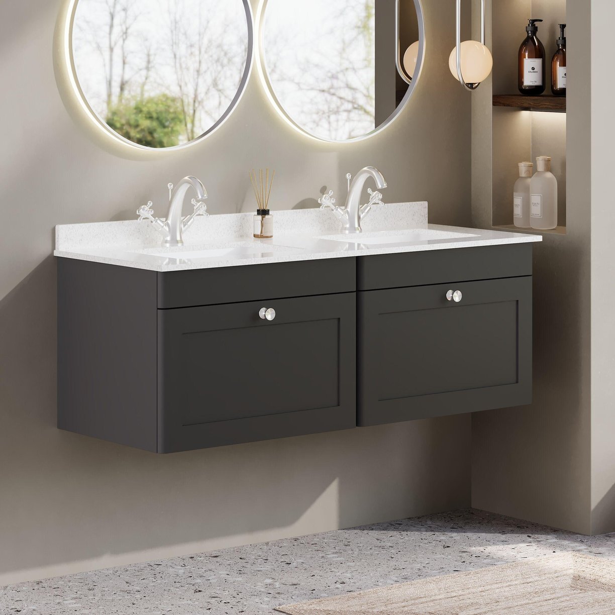 1200mm W/H 2-Drawer Unit & Marble Top - Satin Soft Black