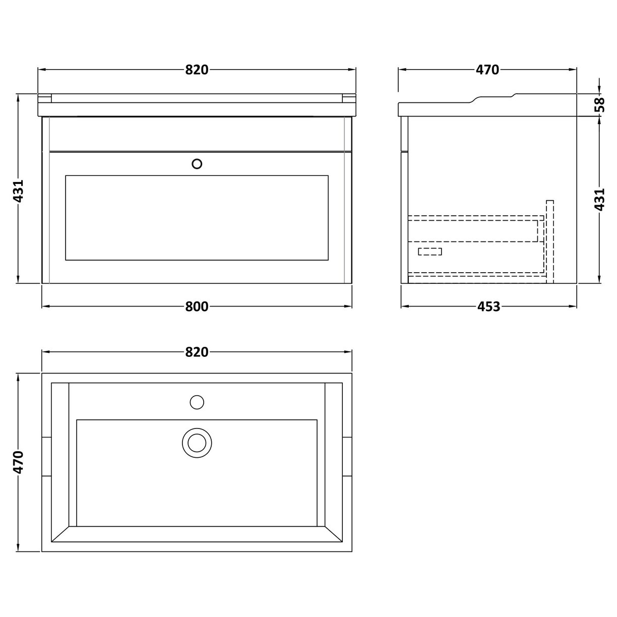 800 W/H 1-Drawer Unit & Basin 1TH
