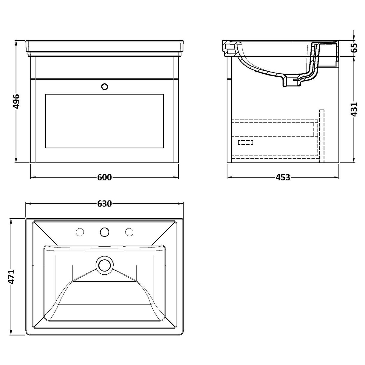 600 W/H 1-Drawer Unit & Basin 3TH
