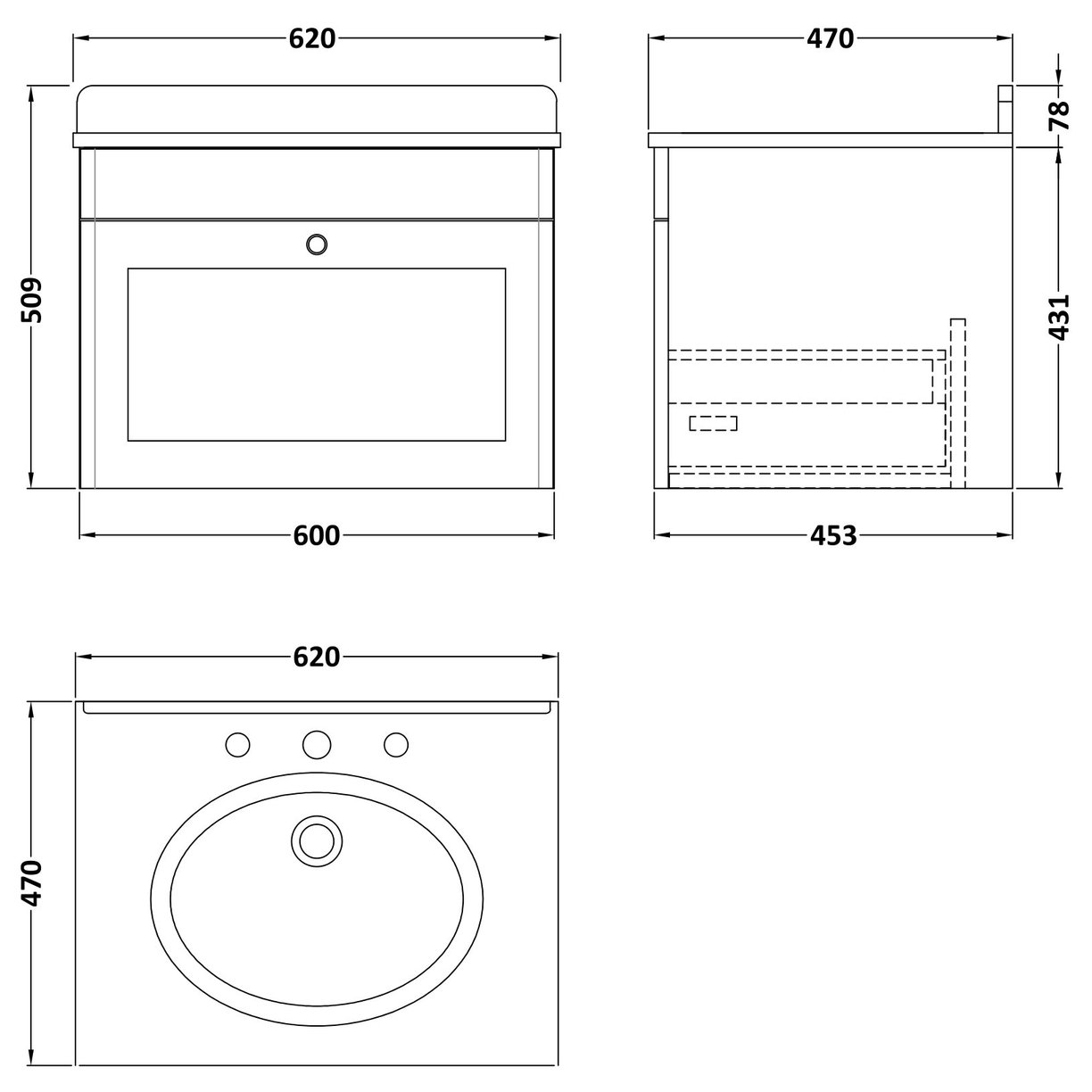 600 W/H 1-Drawer Unit & Marble Top 3TH
