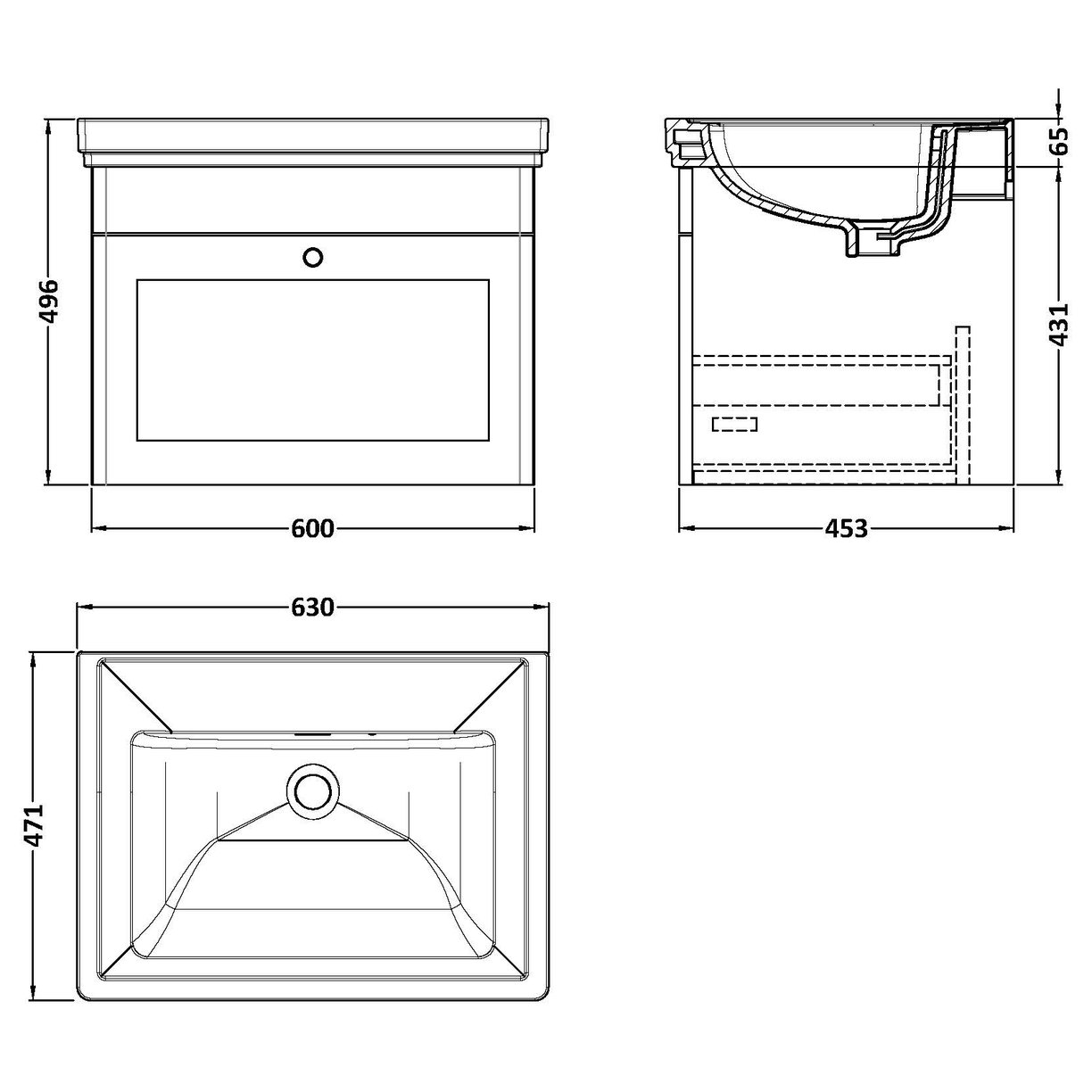 600 W/H 1-Drawer Unit & Basin 0TH
