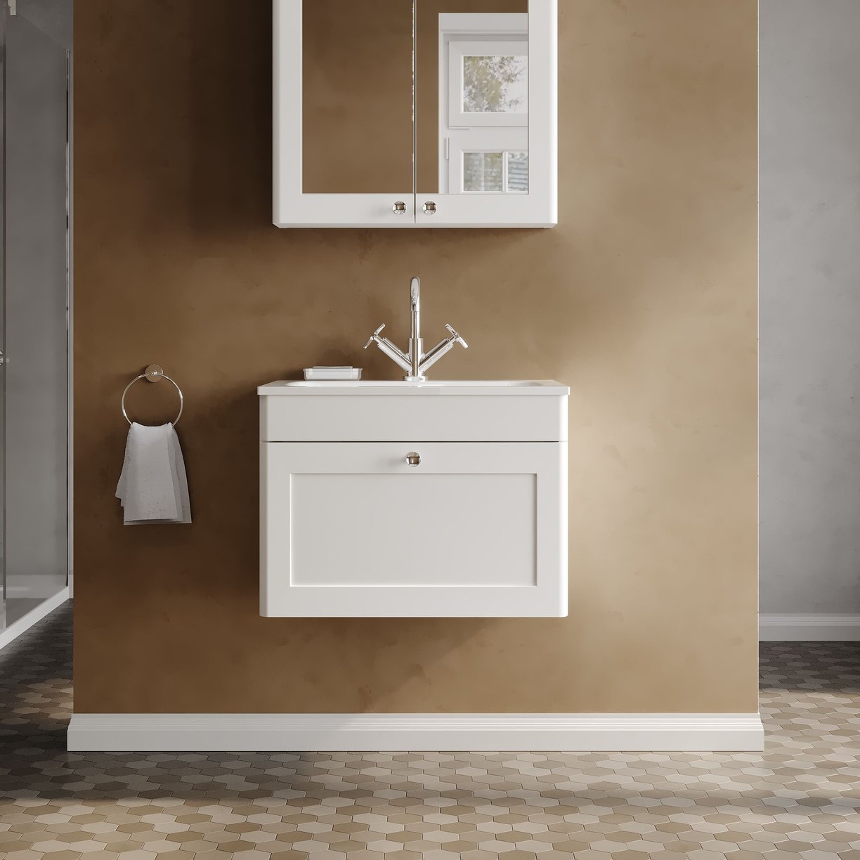 600mm Wall Hung 1-Drawer Unit & Stone Basin 1TH