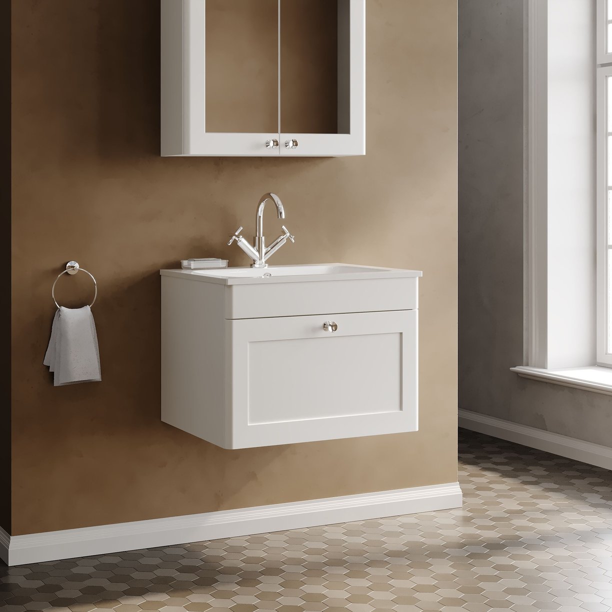 600mm Wall Hung 1-Drawer Unit & Stone Basin 1TH