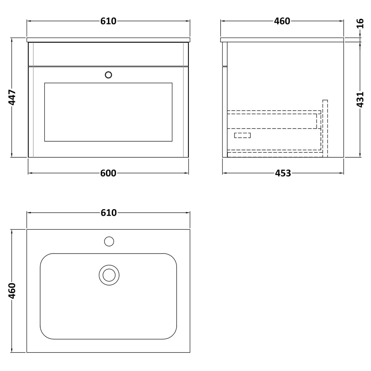 600mm Wall Hung 1-Drawer Unit & Stone Basin 1TH