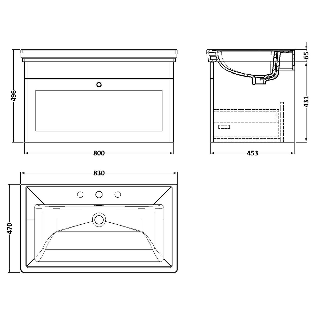 800 W/H 1-Drawer Unit & Basin 3TH