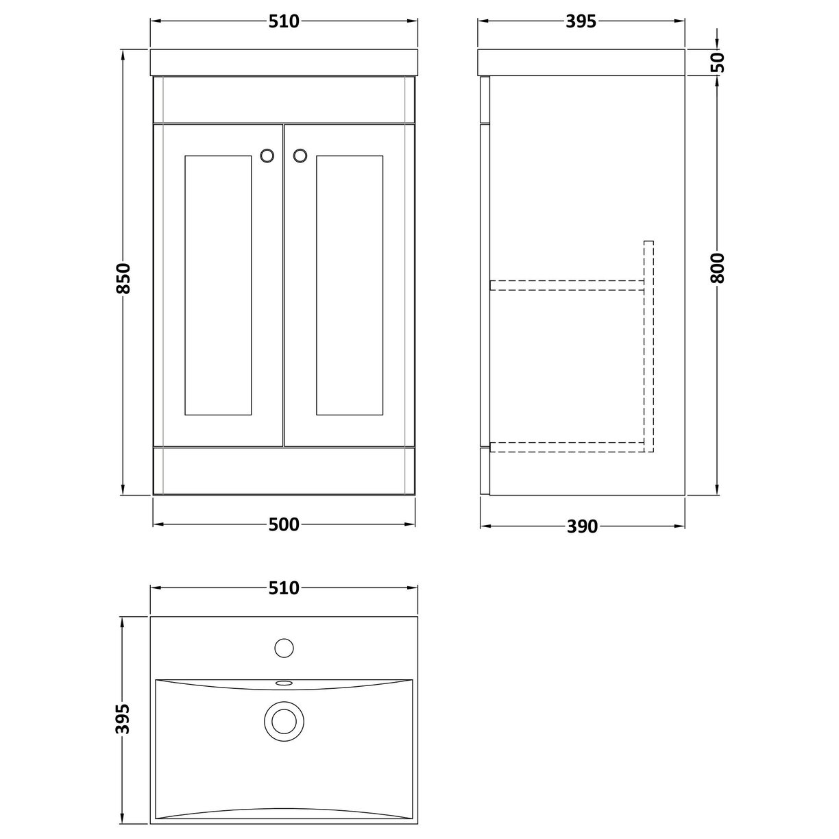 500mm F/S 2-Door Unit & Mid-Edged Basin - Satin Grey