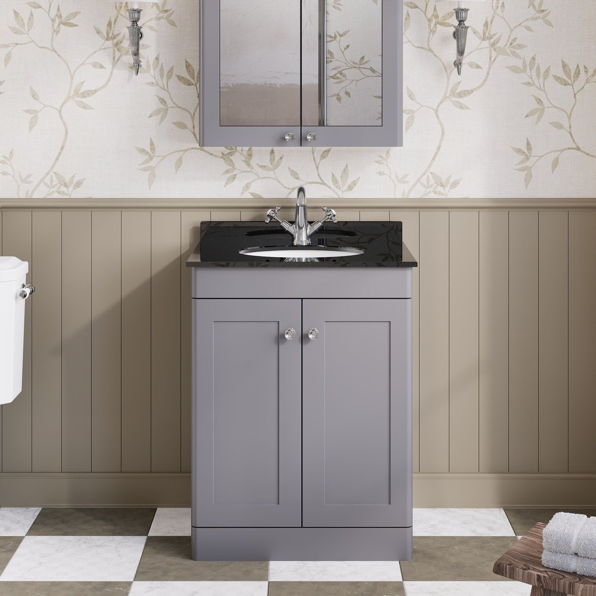 600mm F/S 2-Door Unit & Marble Top 1TH - Satin Grey