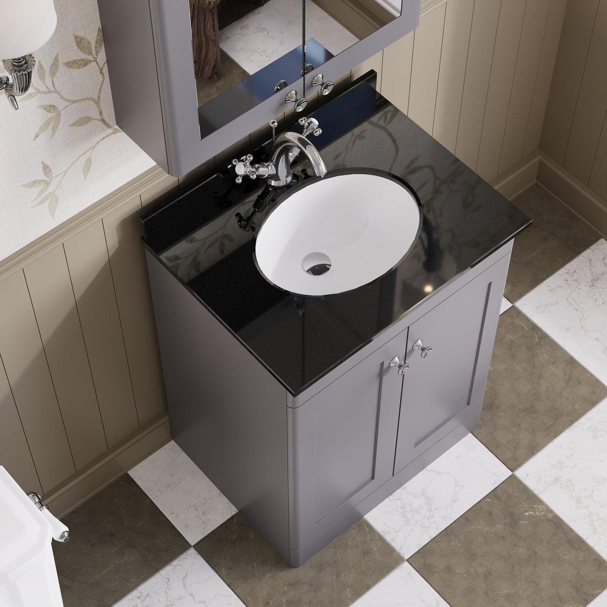600mm F/S 2-Door Unit & Marble Top 1TH - Satin Grey