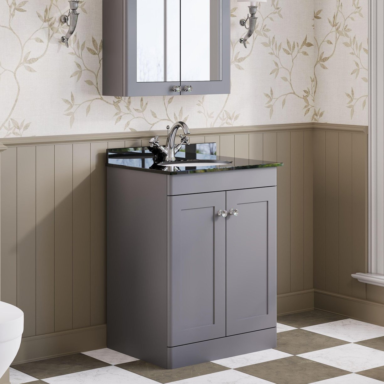 600mm F/S 2-Door Unit & Marble Top 1TH - Satin Grey