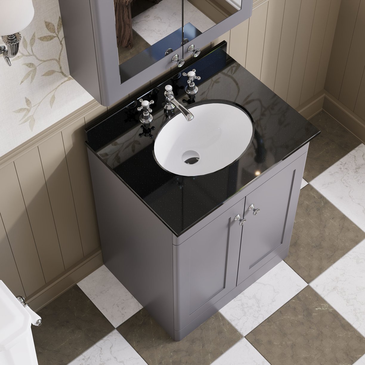 600mm F/S 2-Door Unit & Marble Top 3TH - Satin Grey