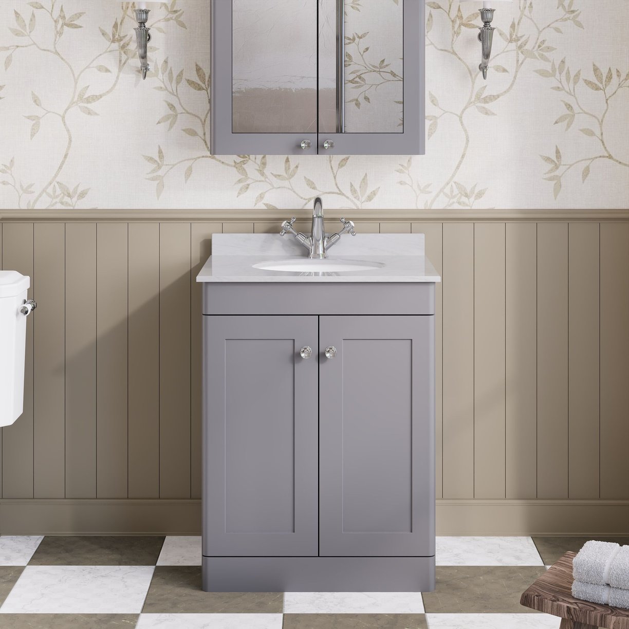600mm F/S 2-Door Unit & Marble Top 1TH - Satin Grey