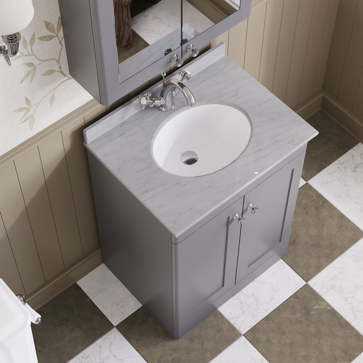 600mm F/S 2-Door Unit & Marble Top 1TH - Satin Grey