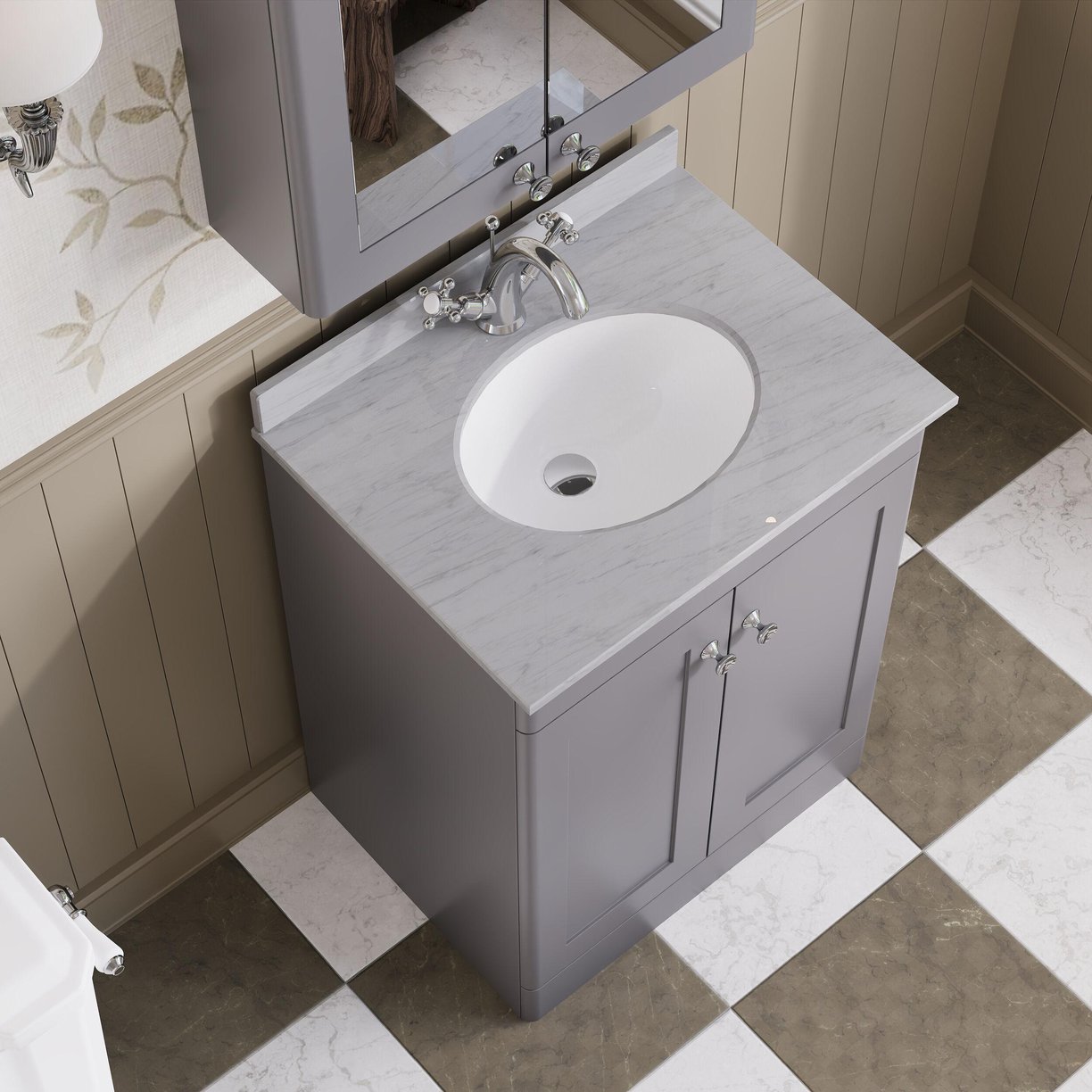 600mm F/S 2-Door Unit & Marble Top 1TH - Satin Grey