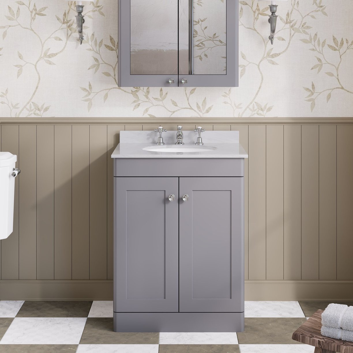 600mm F/S 2-Door Unit & Marble Top 3TH - Satin Grey