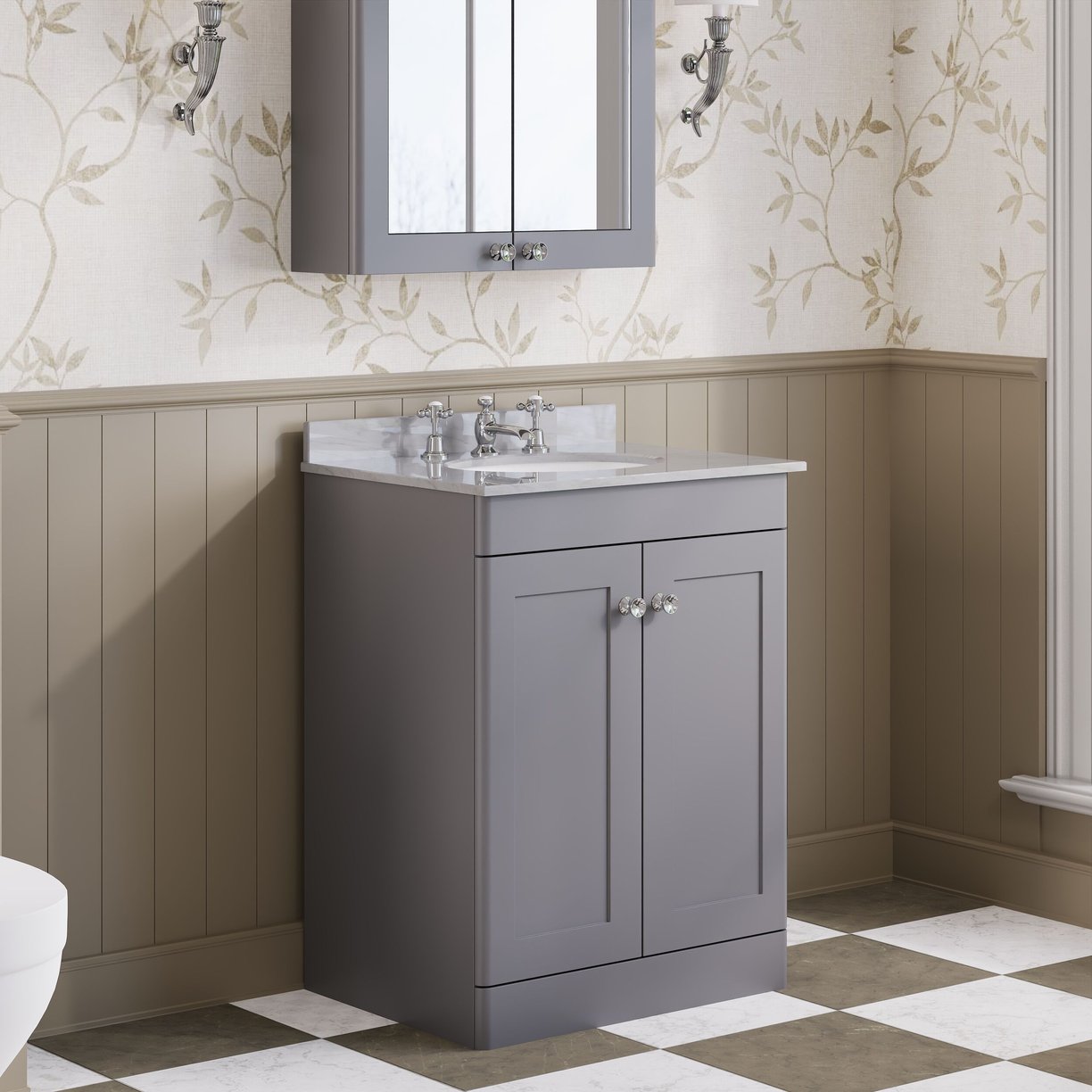 600mm F/S 2-Door Unit & Marble Top 3TH - Satin Grey