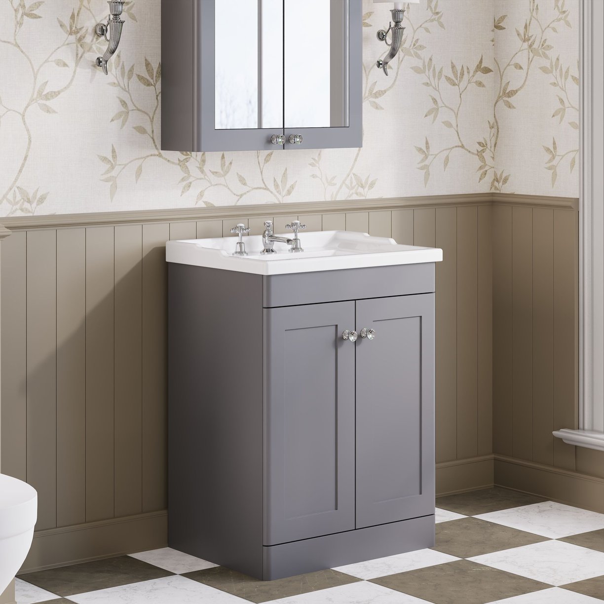 600mm F/S 2-Door Unit & Basin 3TH - Satin Grey
