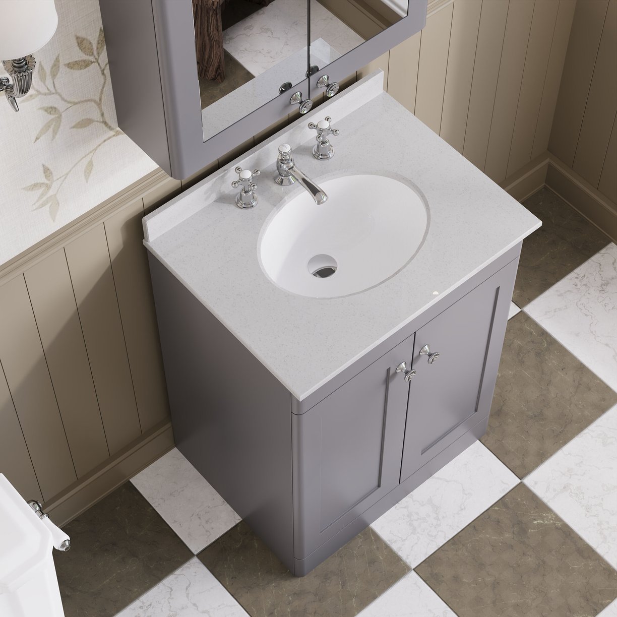 600mm F/S 2-Door Unit & Marble Top 3TH - Satin Grey