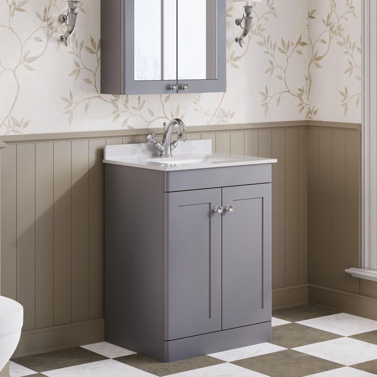 600mm F/S 2-Door Unit & Marble Top 1TH - Satin Grey