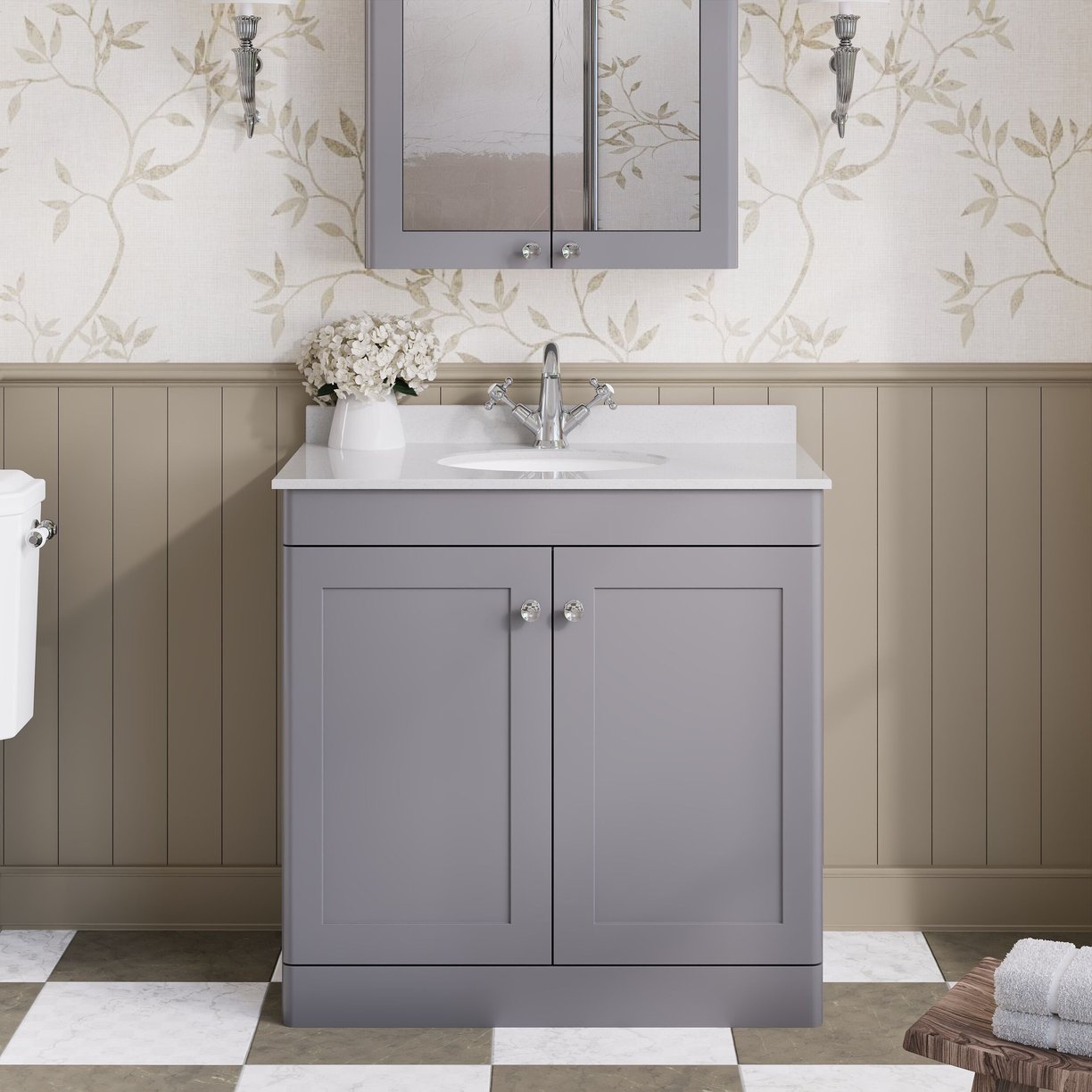 800mm F/S 2-Door Unit & Marble Top 1TH - Satin Grey