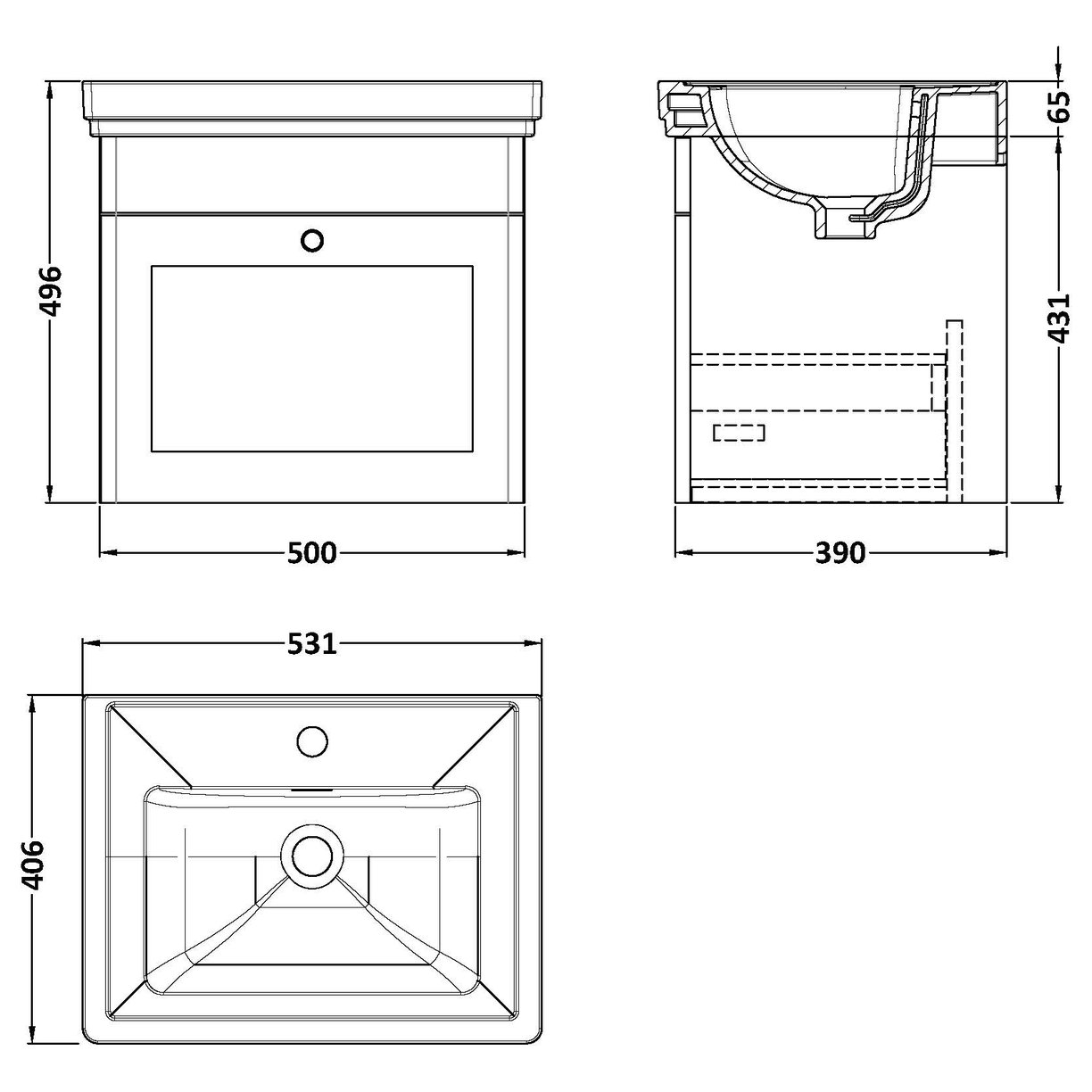 500 W/H 1-Drawer Unit & Basin 1TH