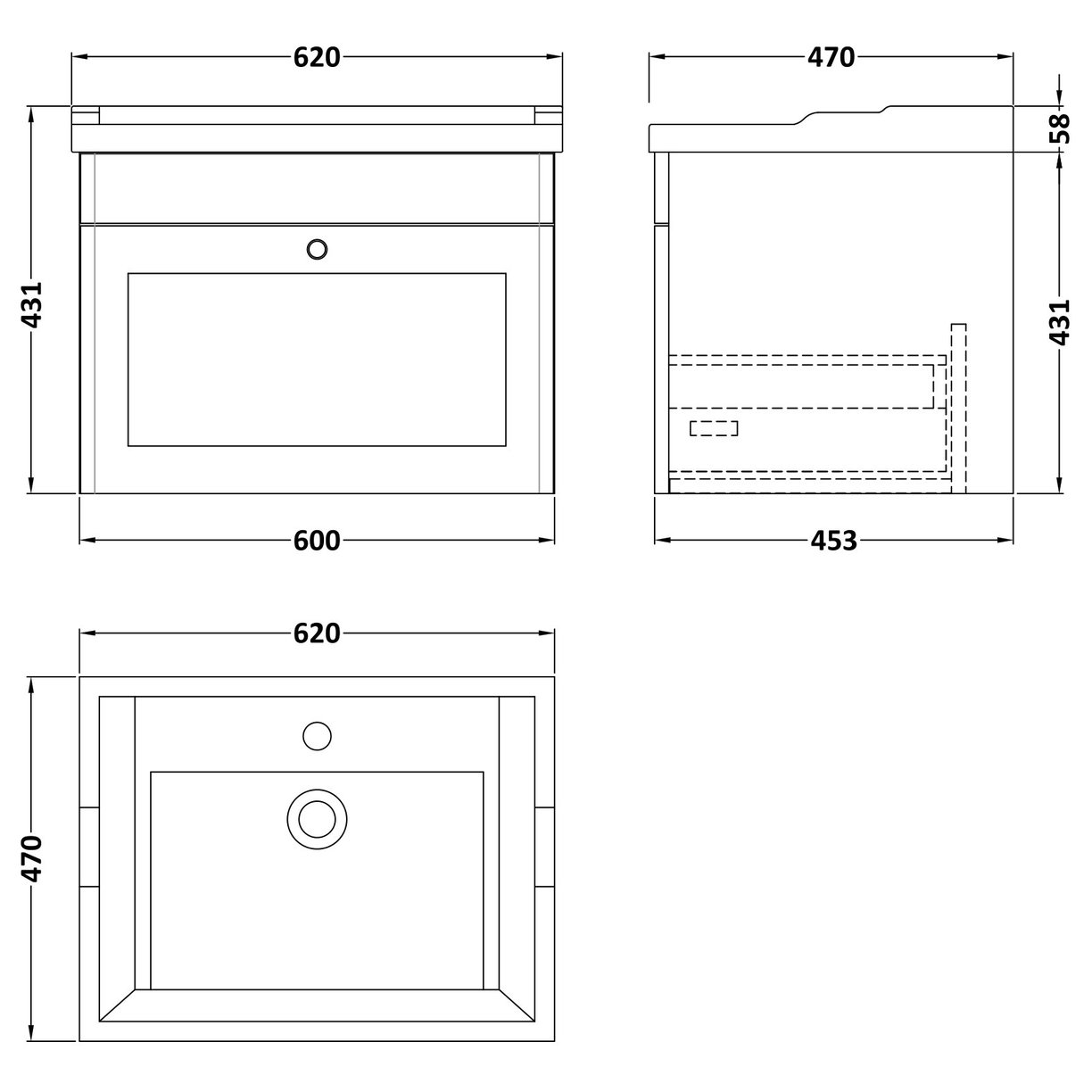 600 W/H 1-Drawer Unit & Basin 1TH