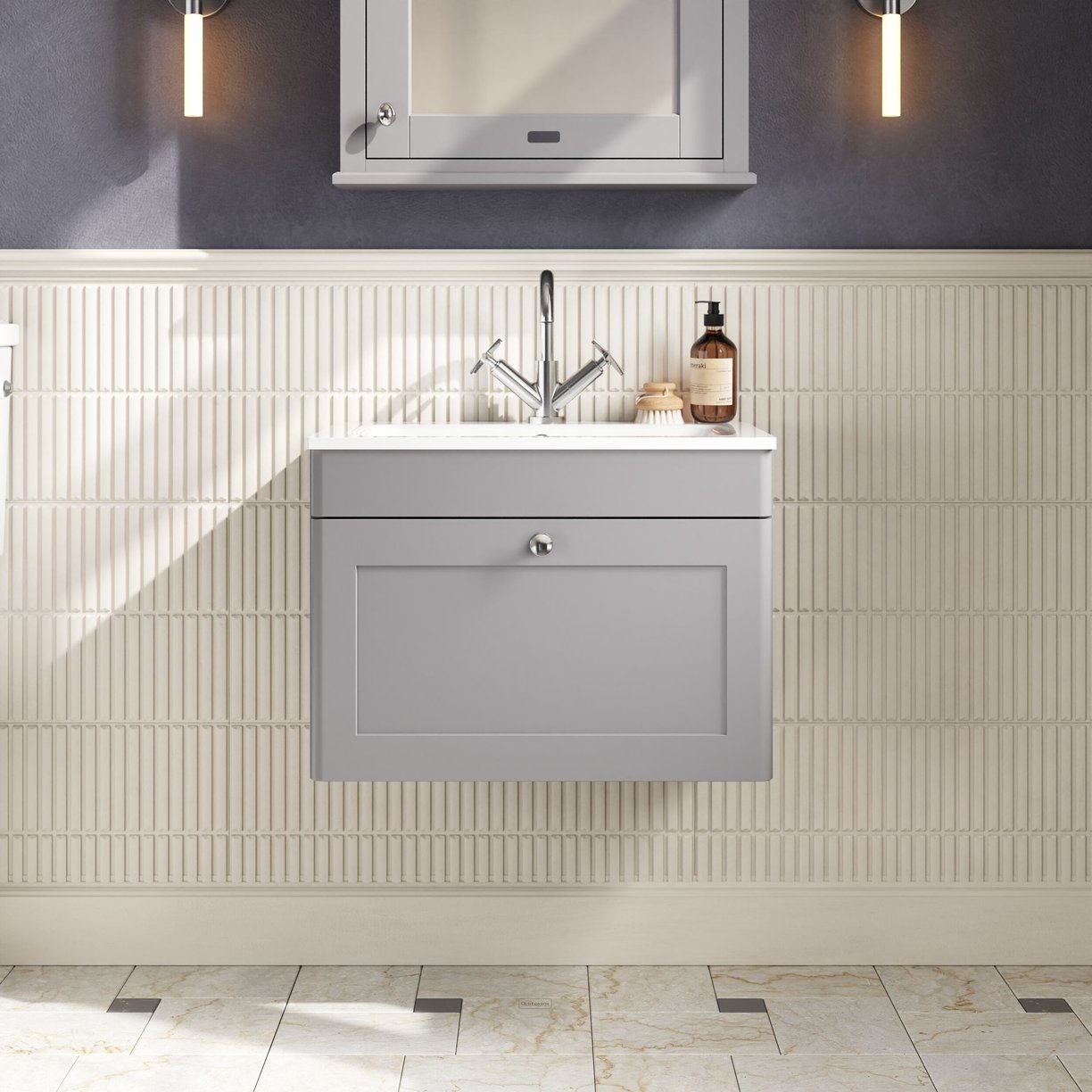 600mm Wall Hung 1-Drawer Unit & Stone Basin 1TH