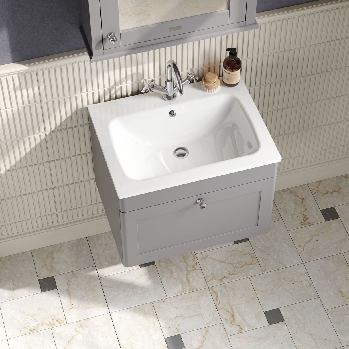 600mm Wall Hung 1-Drawer Unit & Stone Basin 1TH