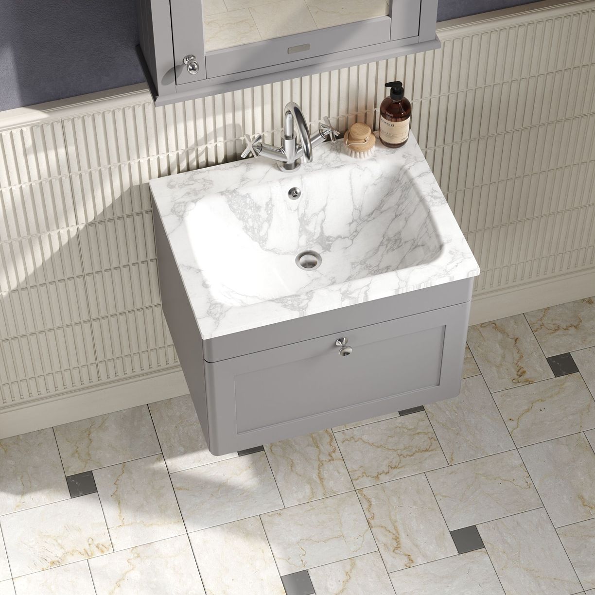 600mm Wall Hung 1-Drawer Unit & Stone Basin 1TH