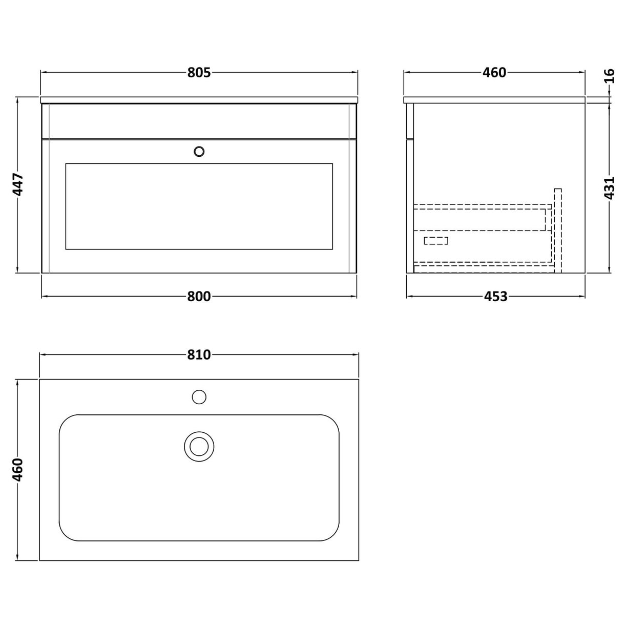 800mm Wall Hung 1-Drawer Unit & Stone Basin 1TH