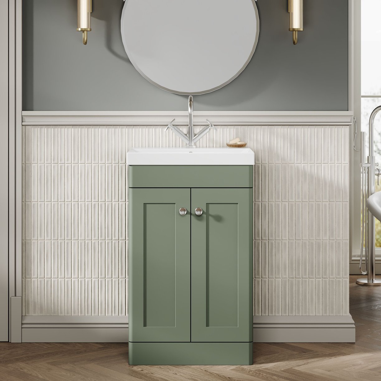 500mm F/S 2-Door Unit & Mid-Edged Basin - Satin Green