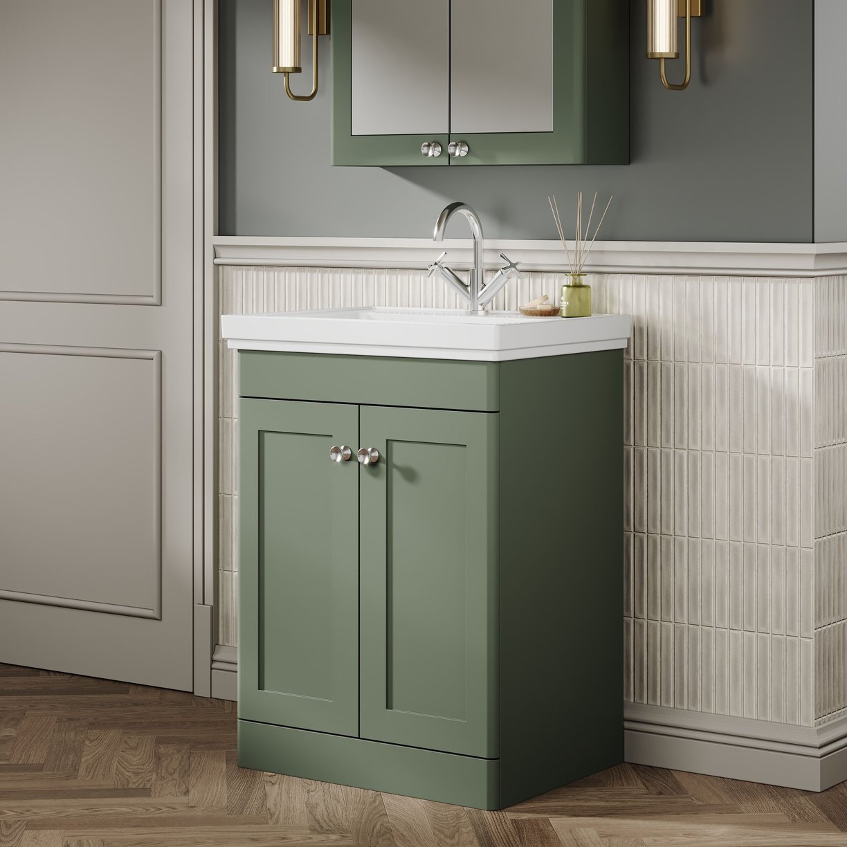 600mm F/S 2-Door Unit & Basin 1TH - Satin Green