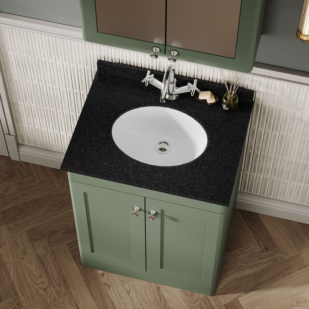 600mm F/S 2-Door Unit & Marble Top 1TH - Satin Green