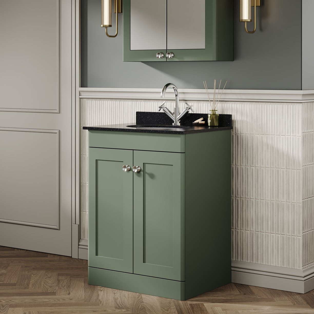 600mm F/S 2-Door Unit & Marble Top 1TH - Satin Green