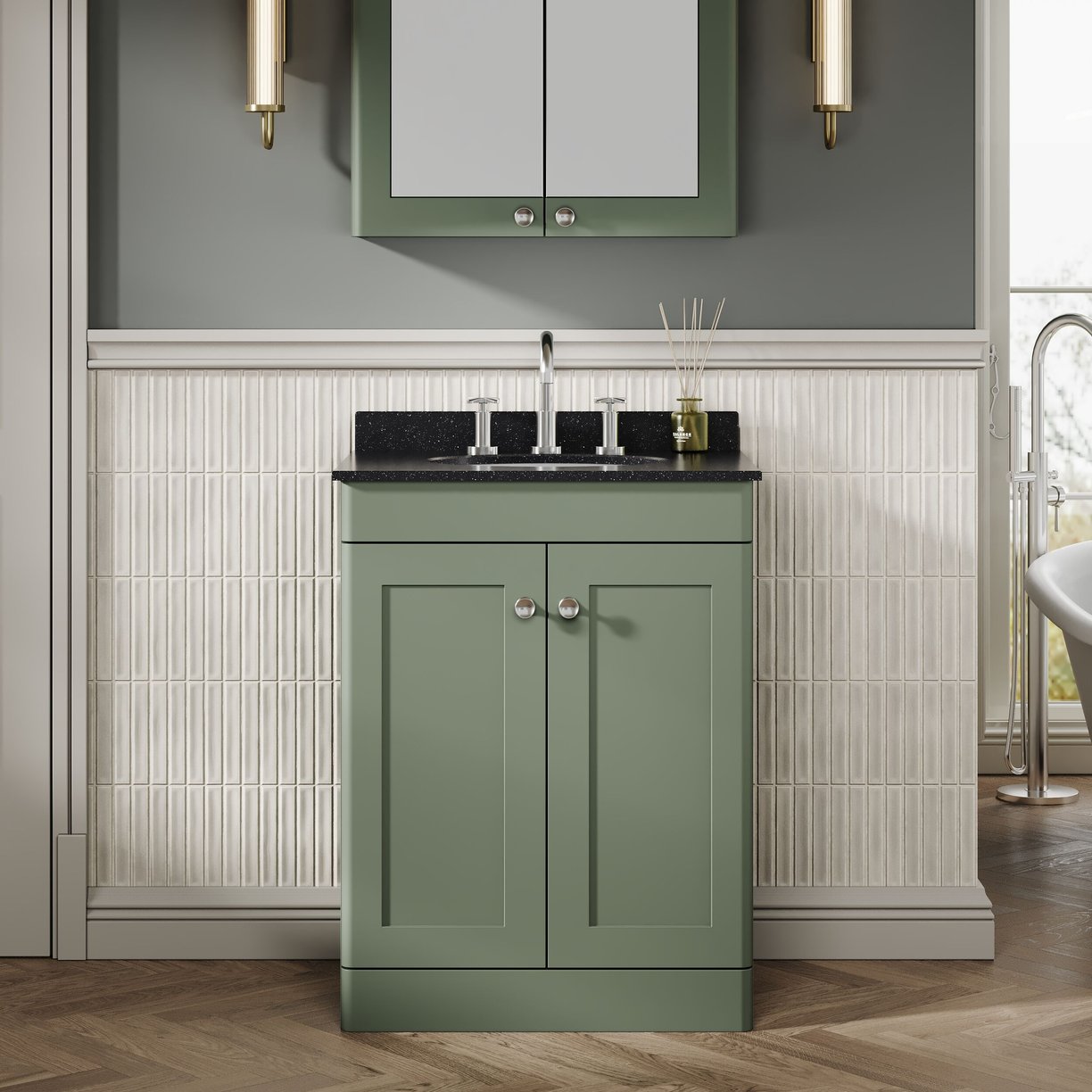 600mm F/S 2-Door Unit & Marble Top 3TH - Satin Green