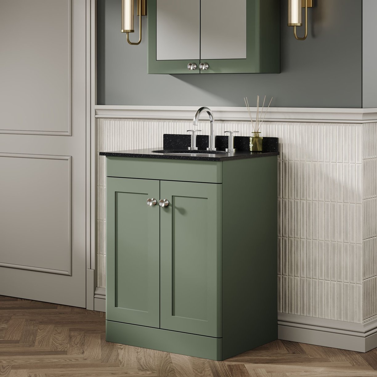 600mm F/S 2-Door Unit & Marble Top 3TH - Satin Green