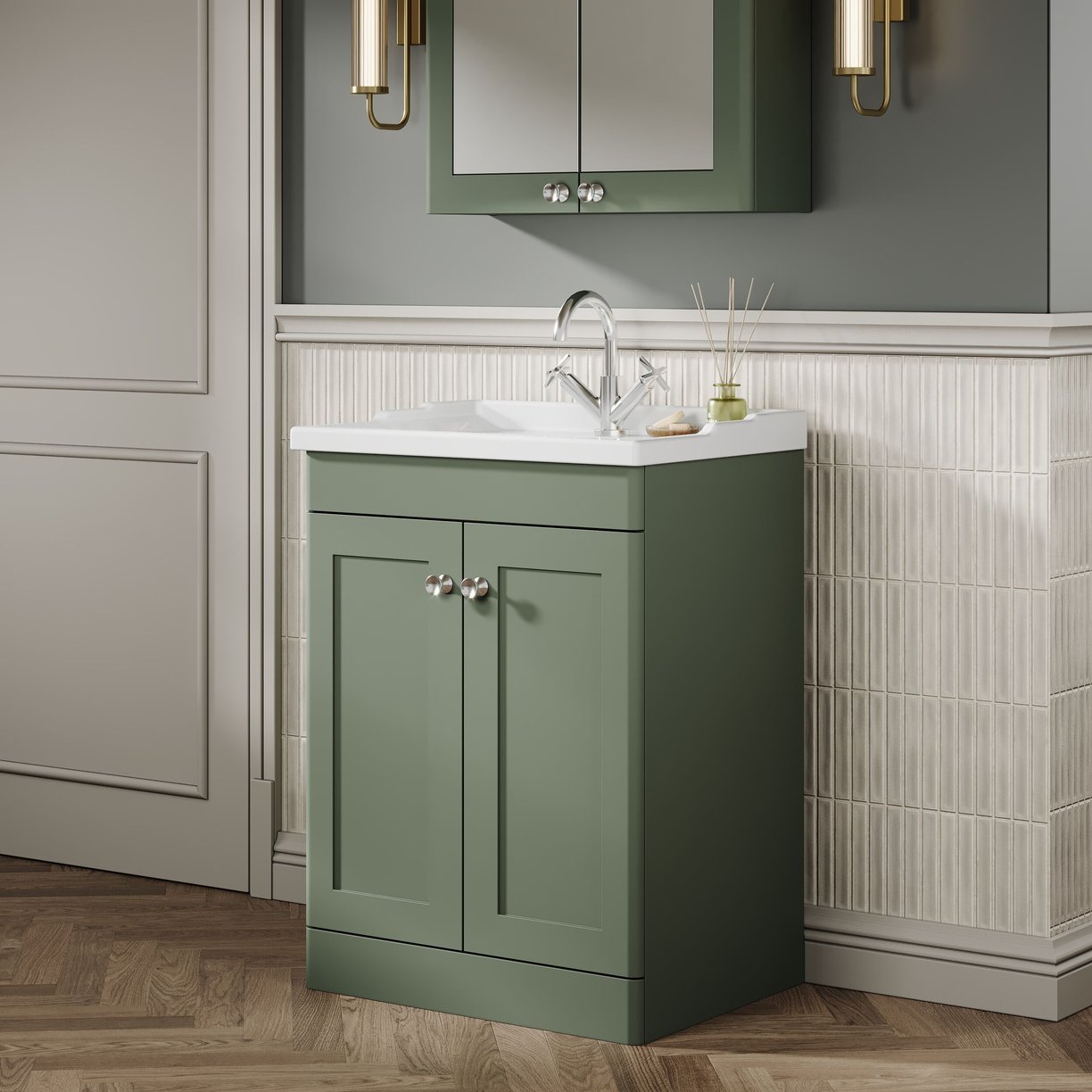 600mm F/S 2-Door Unit & Basin 1TH - Satin Green
