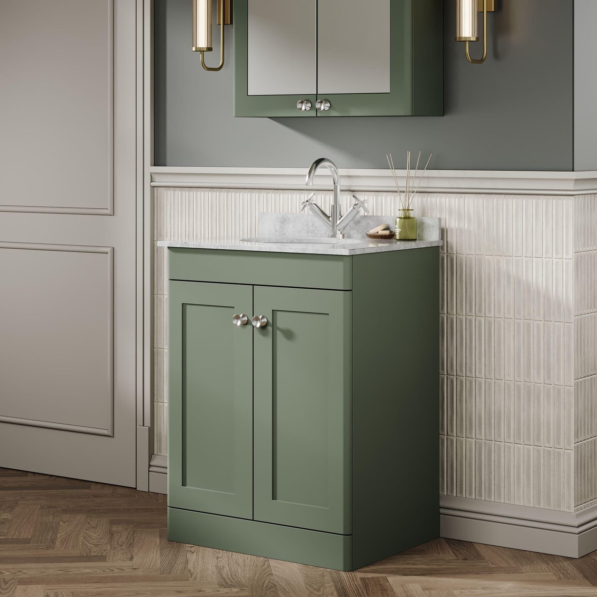 600mm F/S 2-Door Unit & Marble Top 1TH - Satin Green