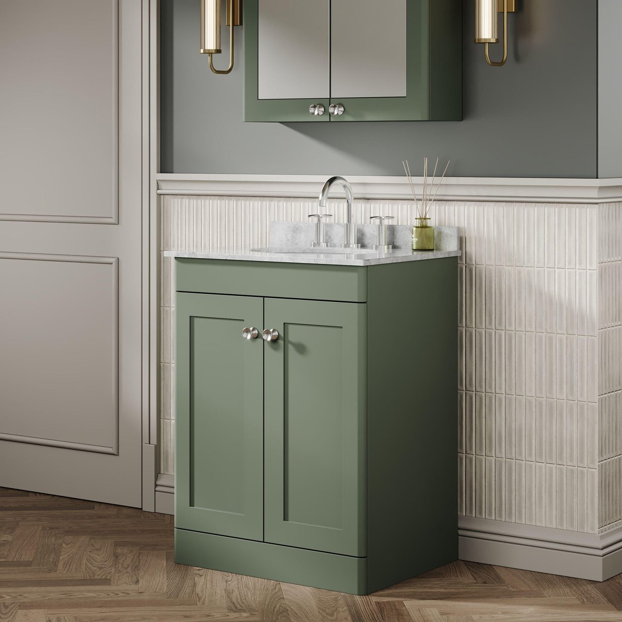 600mm F/S 2-Door Unit & Marble Top 3TH - Satin Green