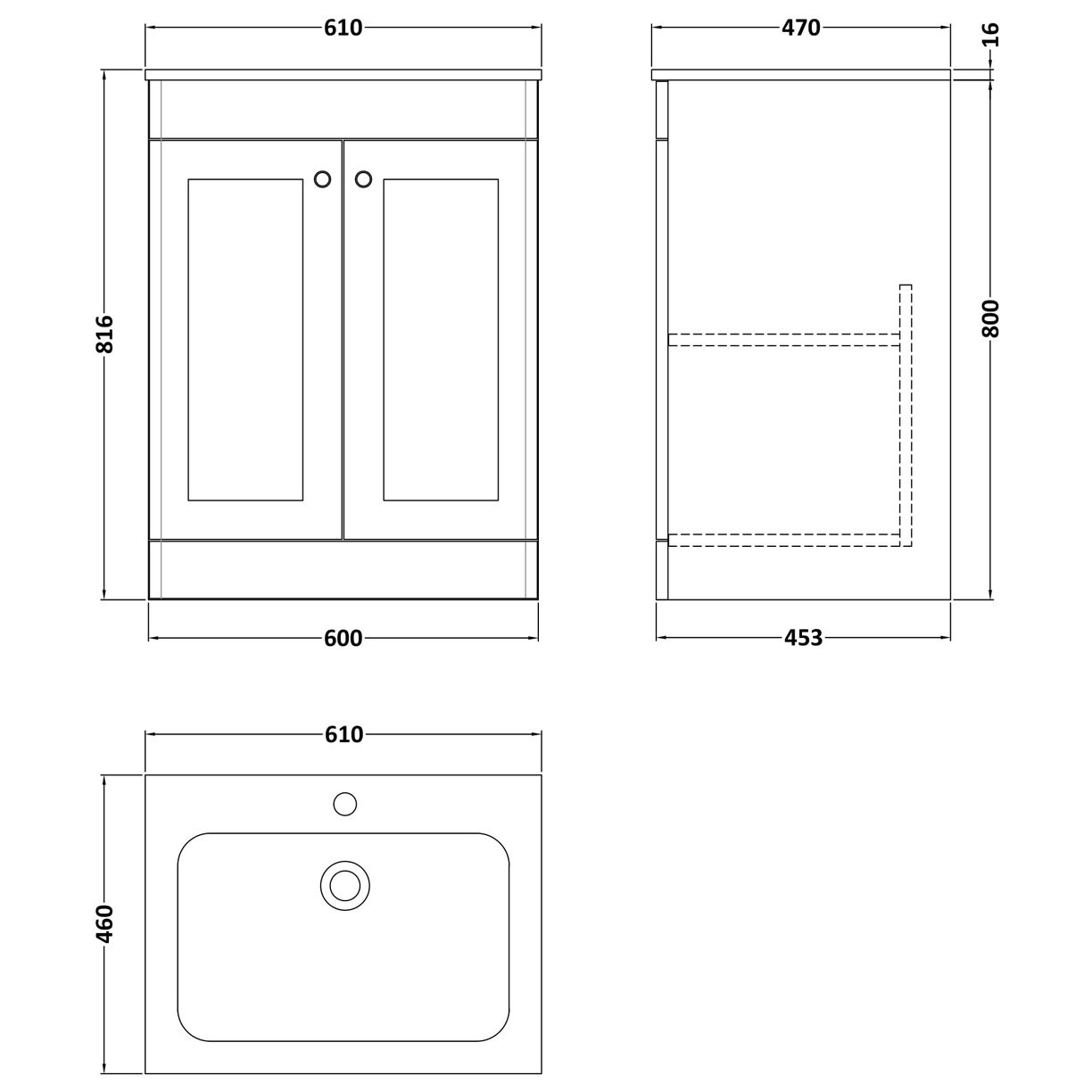 600mm Floor Standing 2-Door Unit & Stone Basin 1TH
