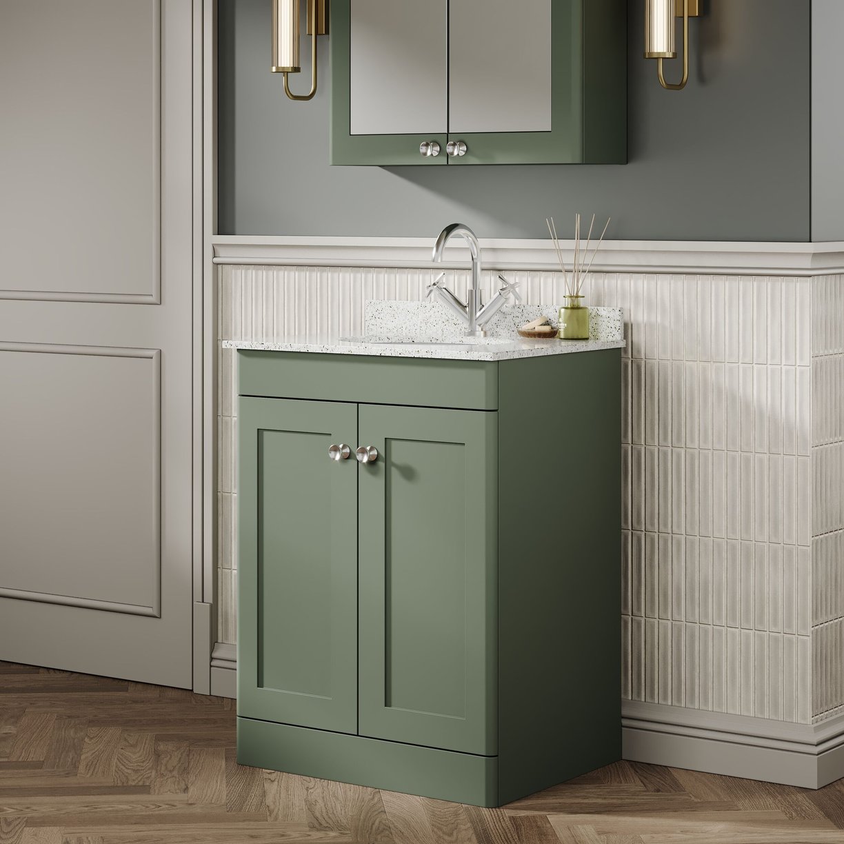 600mm F/S 2-Door Unit & Marble Top 1TH - Satin Green