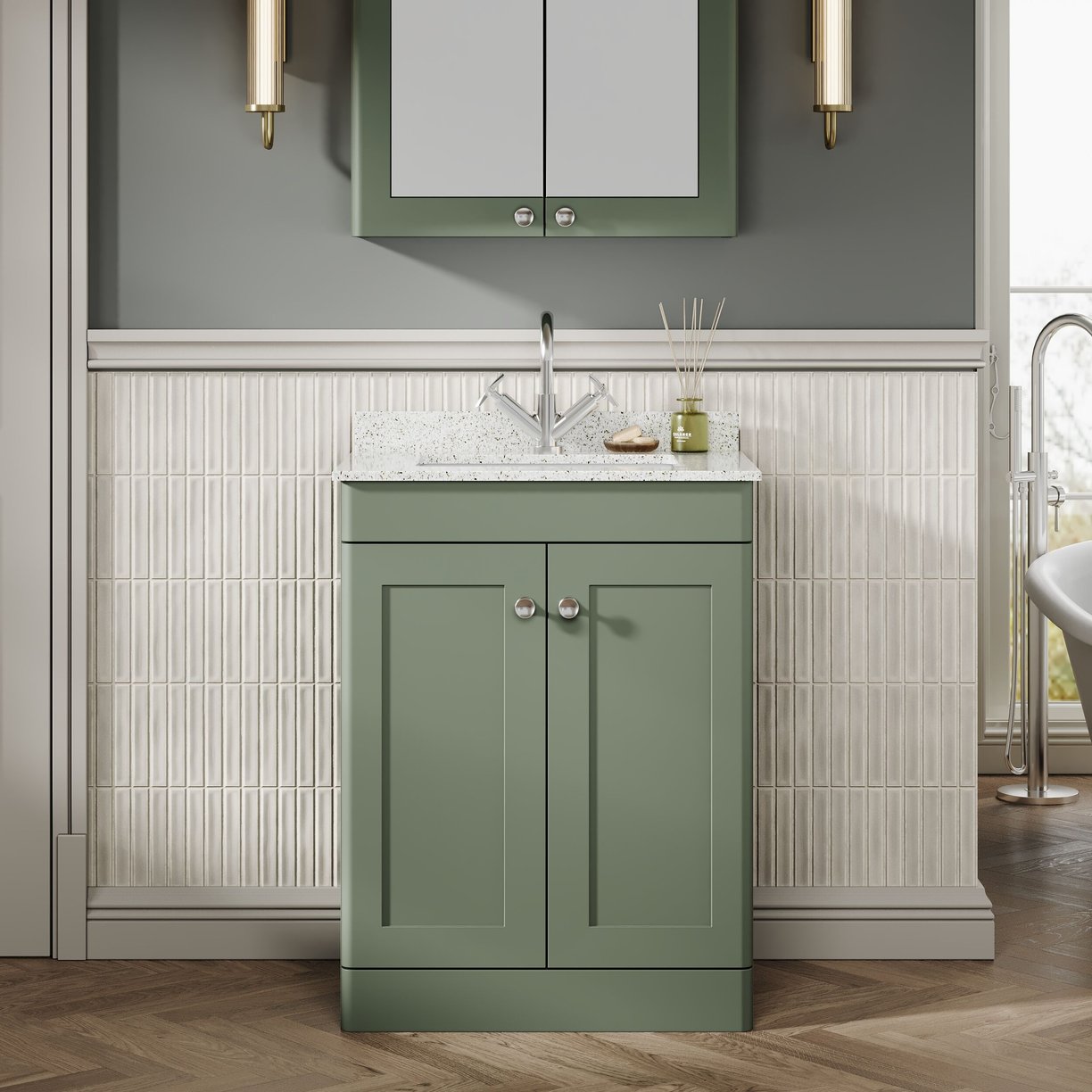 600mm F/S 2-Door Unit & Marble Top 1TH - Satin Green
