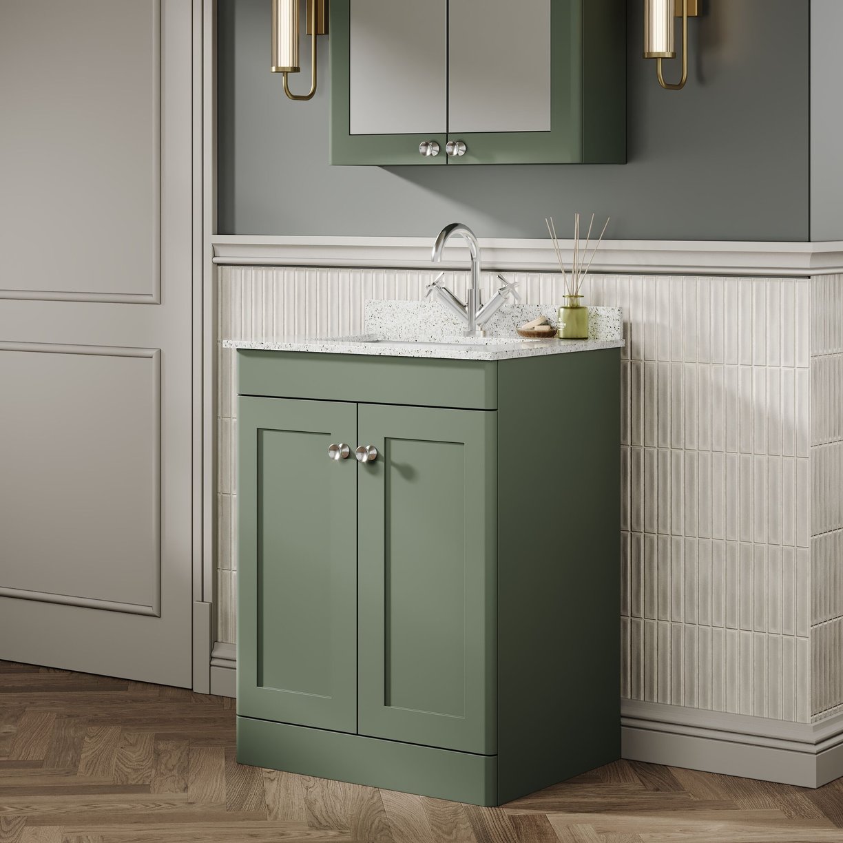 600mm F/S 2-Door Unit & Marble Top 1TH - Satin Green