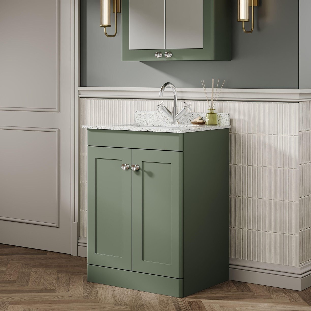 600mm F/S 2-Door Unit & Marble Top 1TH - Satin Green