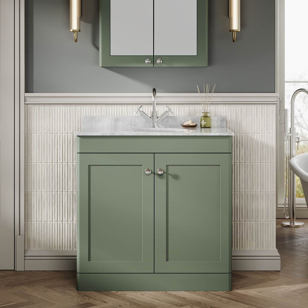 800mm F/S 2-Door Unit & Marble Top 1TH - Satin Green