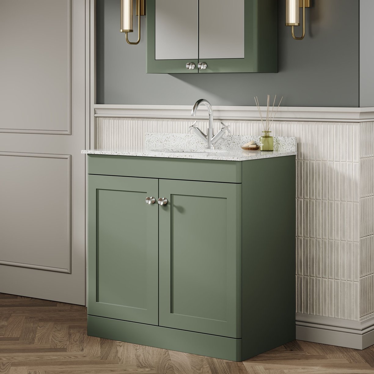 800mm F/S 2-Door Unit & Marble Top 1TH - Satin Green